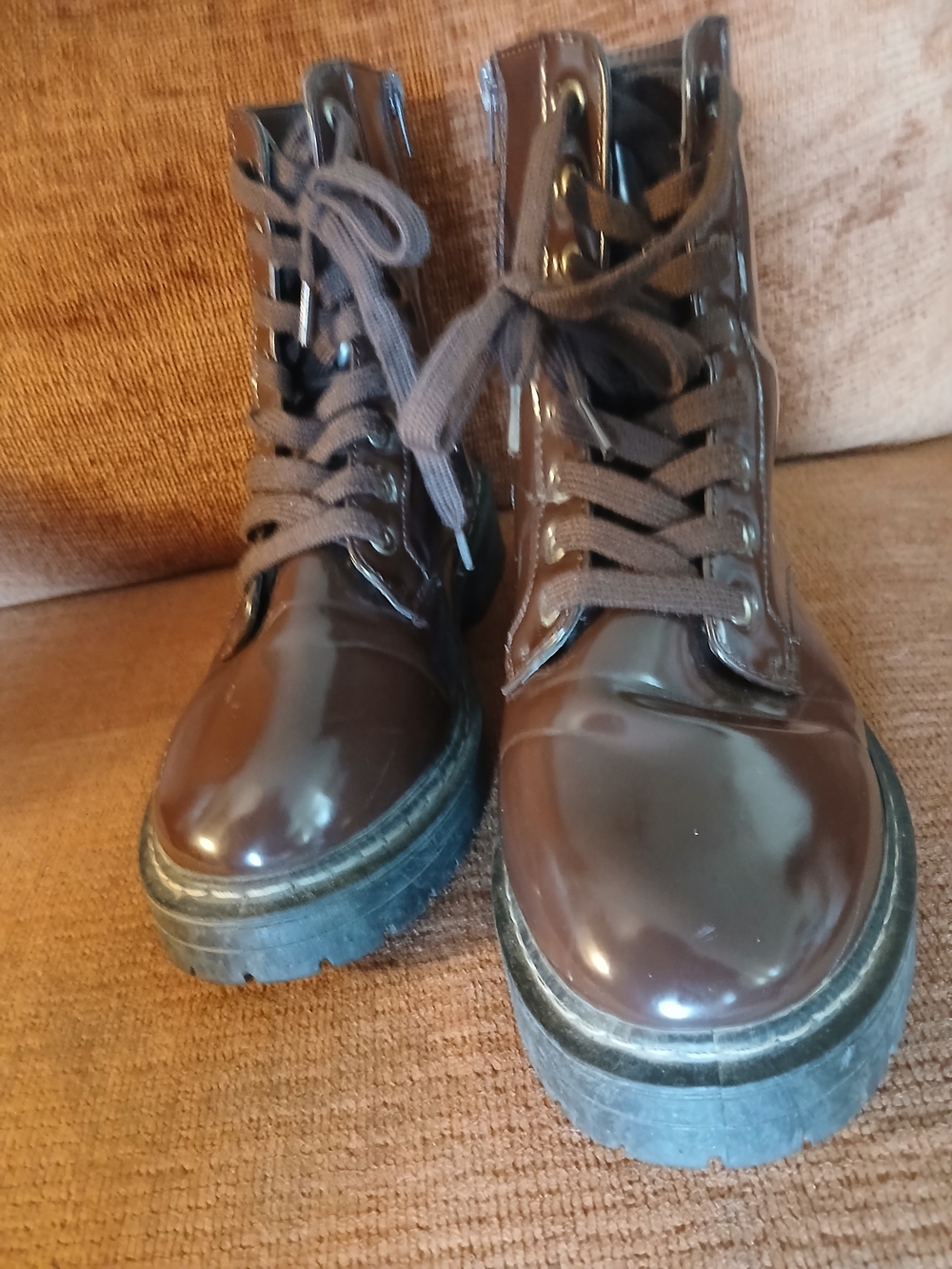 Sugar Brown Patent Lace-Up Combat Boots